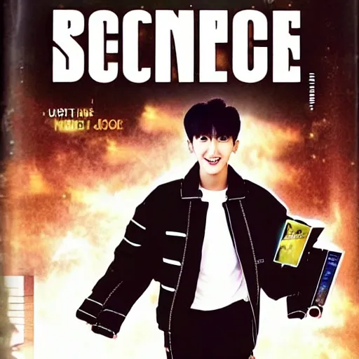 Prompt: “K-pop idol Changbin on a retro science fiction book cover”