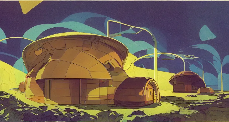 Image similar to a giant tardigrades house in the middle of nowhere, by syd mead, moebius, j. h. williams iii, triadic color scheme