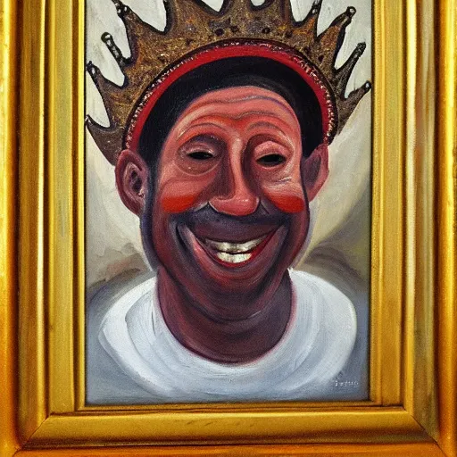 Image similar to man with red eyes and a crown grinning, oil painting