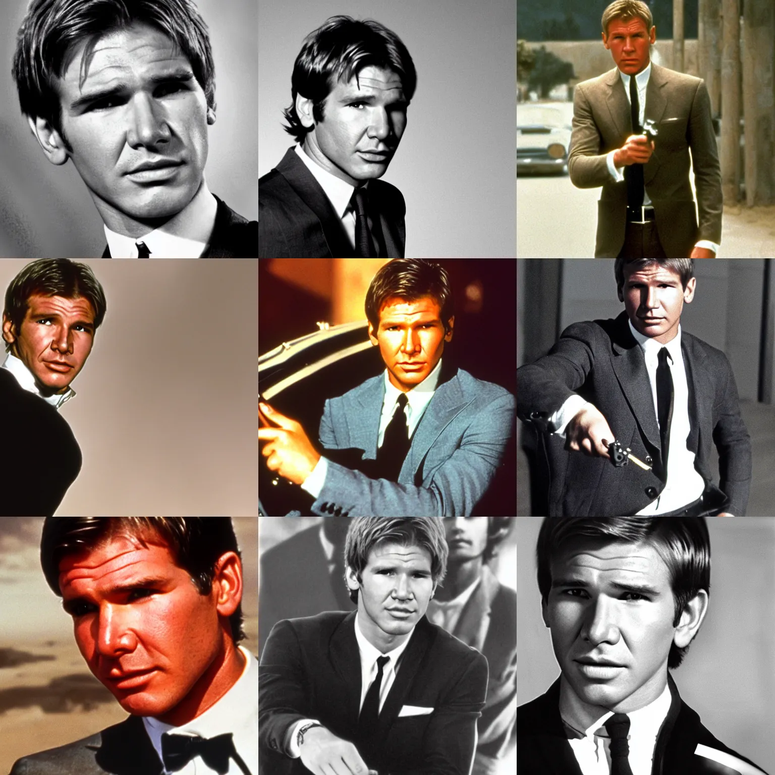 Prompt: young harrison ford as james bond