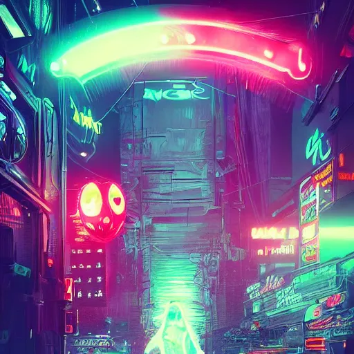 Image similar to a detailed matte painting of a neon cat under a black light with red led eyes, the cat is in a intricately detailed neo neon cyberpunk Japanese city, the angel of death with a halo, colorful background not limited to children, by Ismail Inceoglu , 4K concept art, featured on cgsociety, unreal engine