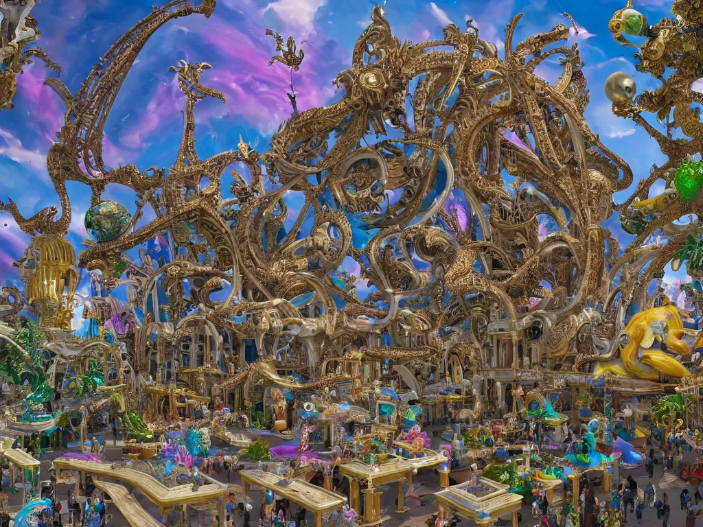 Image similar to a low angle of a busy elaborate ornate outdoor science museum, cinematic, shadows, 4 k, detailed, by zaha hadid and lisa frank and peter jackson and ridley scott and beeple and greg rutowski