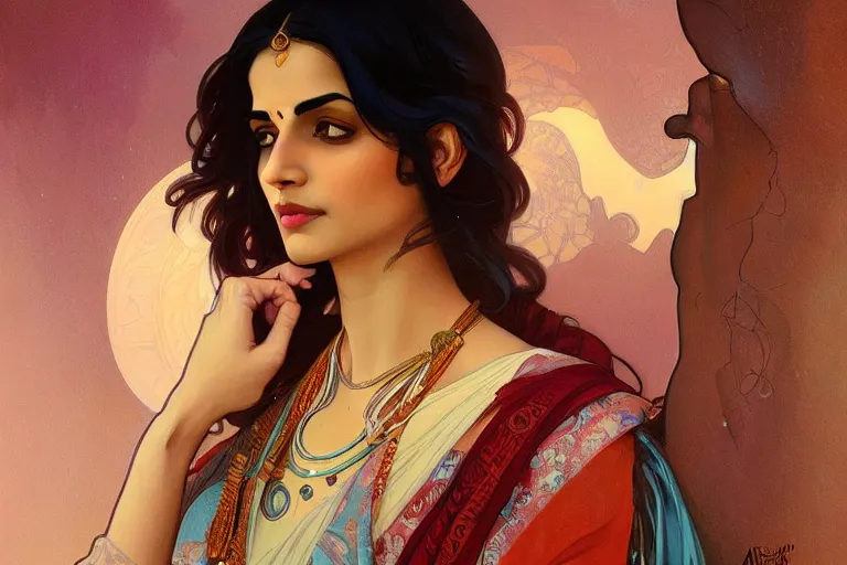 Image similar to sensual pale beautiful indian doctor in jeans, art deco portrait, elegant, intricate, digital painting, artstation, concept art, smooth, sharp focus, illustration, art by artgerm and greg rutkowski and alphonse mucha