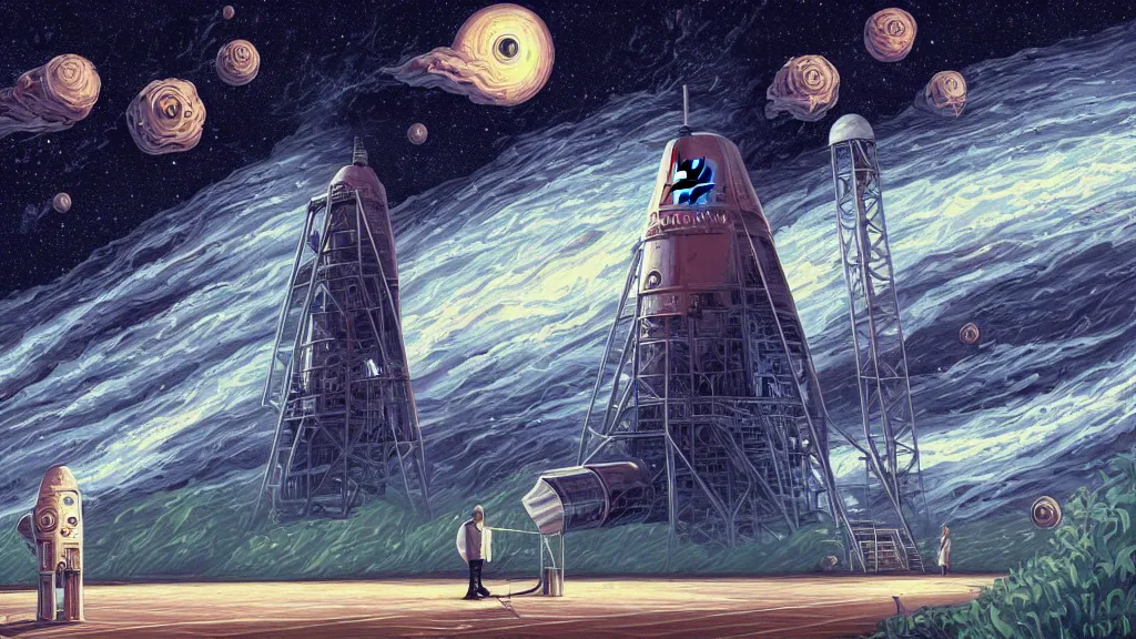 Image similar to elon musk at spacex launch pad by cyril rolando and naomi okubo and dan mumford and ricardo bofill. lovecraft. lovecraftian. starry night swirly sky.