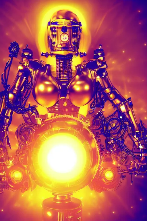 Image similar to portrait photo of a giant huge golden and blue metal humanoid steampunk cyborg female singer with gears and tubes, in the foreground is a big red glowing microphone, eyes are glowing red lightbulbs, shiny crisp finish, 3 d render, 8 k, insaneley detailed, fluorescent colors, background is multicolored lasershow