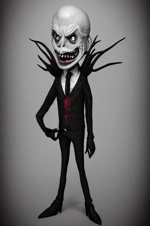 Prompt: creepy demon in a suit, tim burton, detailed, highly detailed, concept art, artstation, comic aesthetic, creepy aesthetic, toon shading, cel shading, substance designer render, substance designer,