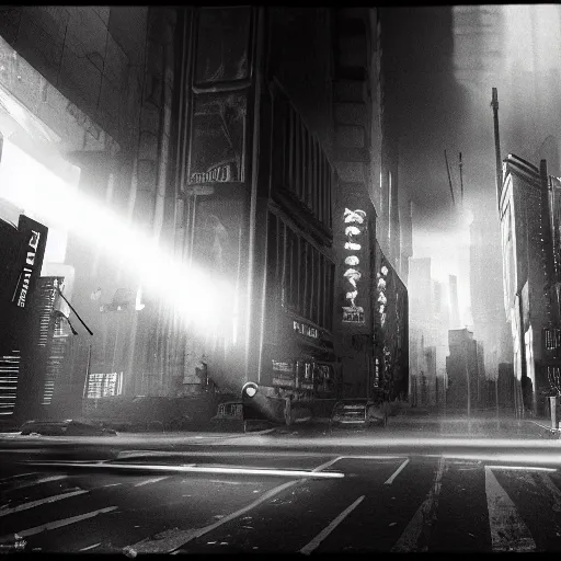 Image similar to go pro camera photo of a cyberpunk dystopian city with sunshaft and dramatic lighting, Fuji Neopan Acros 100 Film