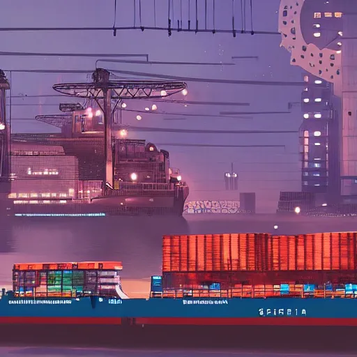 Image similar to Immense industrial futuristic cargo ship arrives at cyber punk city sea port, cinematic lighting, night photo