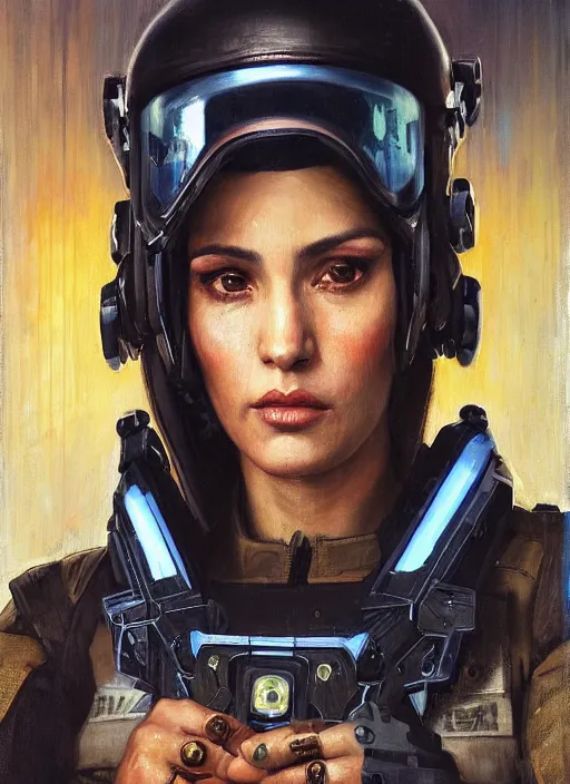 Image similar to Sgt. Maria Hernandez. cyberpunk female USN marine wearing a military vest and powerful military cyberpunk exo-suit (cyberpunk 2077, bladerunner 2049). gorgeous face. Iranian orientalist portrait by john william waterhouse and Edwin Longsden Long and Theodore Ralli and Nasreddine Dinet, oil on canvas. Cinematic, hyper realism, realistic proportions, dramatic lighting, high detail 4k