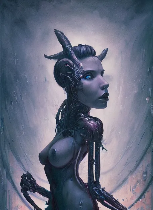 Image similar to dream portrait of a succubus in a dark ancient attic room,full character, melting ,8k,by tristan eaton,Stanley Artgermm,Tom Bagshaw,Greg Rutkowski,Carne Griffiths, Ayami Kojima, Beksinski, Giger,trending on DeviantArt,face enhance,hyper detailed,minimalist,cybernetic, android, blade runner,full of colour