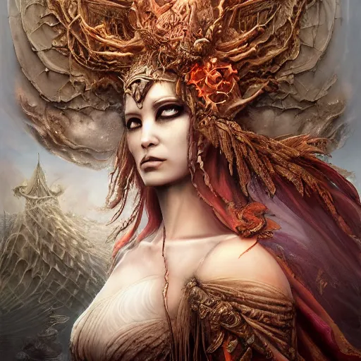 Image similar to a beautiful detailed 3d matte painting of female empress of the dead, by ellen jewett, tomasz alen kopera and Justin Gerard, symmetrical features, ominous, magical realism, texture, intricate, ornate, royally decorated, skull, skeleton, whirling smoke, embers, red adornements, red torn fabric, radiant colors, fantasy, trending on artstation, volumetric lighting, micro details, 3d sculpture, ray tracing, 8k