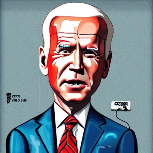 Image similar to a cyborg joe biden, painted in the style of bosch