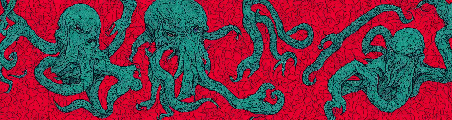 Prompt: shape-shifting Cthulhu lost inside the red room from Twin Peaks while David Lynch laughs in the background, fractal tile, Bob, mike judge art style, 90s mtv illustration