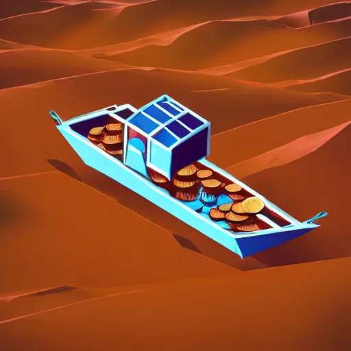 Prompt: boat in the dessert filled with coin and jewl collectables, game concept, low poly, horizontal view perspective