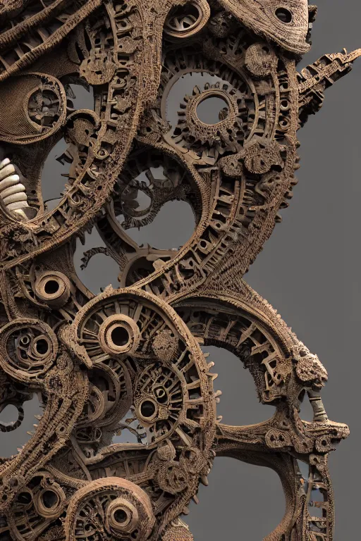Image similar to detailed intricate biomechanical artifact on display, cinematic render