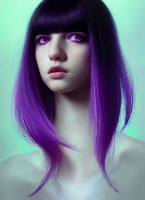 Image similar to hair whitebangs hair, black hair, whitebangs, portrait of teenage girl with white bangs, red irises, purple clothes, white bangs, bangs are different color from hair, intricate, elegant, glowing lights, highly detailed, digital painting, artstation, concept art, smooth, sharp focus, illustration, art by wlop, mars ravelo and greg rutkowski