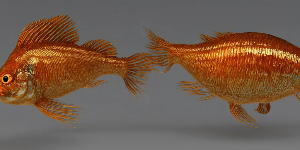 Image similar to goldfish, stylized layered textures, long flowing fins, bioluminescent orbs, 3 d render, substance painter, glowing eye, smooth, sharp focus, art by h r giger