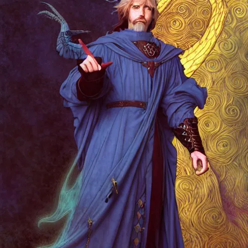 Prompt: half length portrait of a medieval fantasy sorcerer, a male blue dragon with electrcity magic, fantasy, d & d, high details, art by ( ( ( kuvshinov ilya ) ) ) and wayne barlowe and gustav klimt and artgerm and wlop and william - adolphe bouguereau