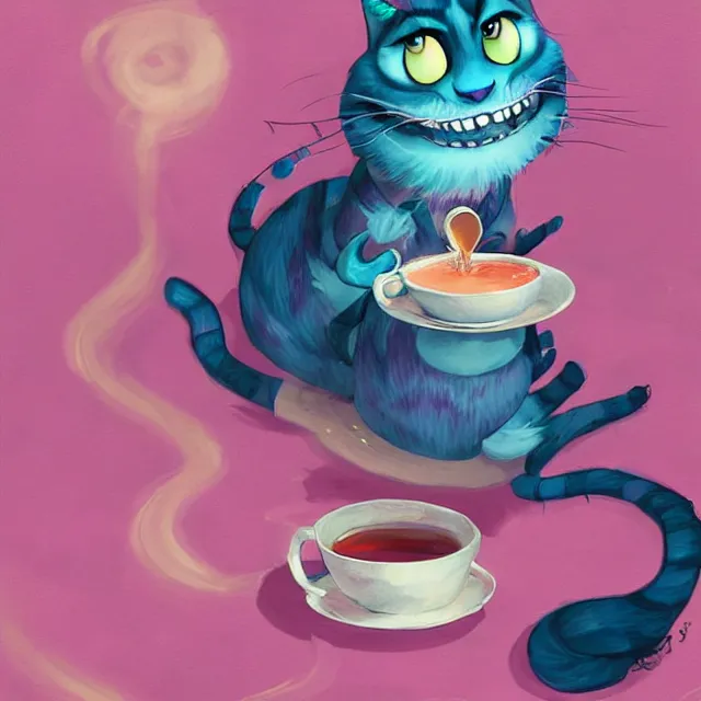 Image similar to cheshire cat drinking tea, by cory loftis, character art, art, very coherent, plain background, lighthearted, soft painting