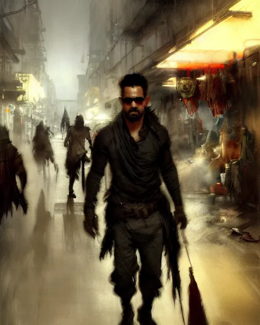 Prompt: fantasy concept art by jeremy mann depicting colin farrell as an ancient egyptian rogue walking through a busy oriental market