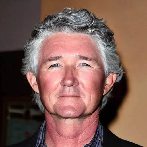 Prompt: patrick duffy, he has very long length straight grey hair, wearing a white shirt