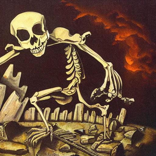 Image similar to Giant skeleton destroying kingdom, detailed art, surrealistic