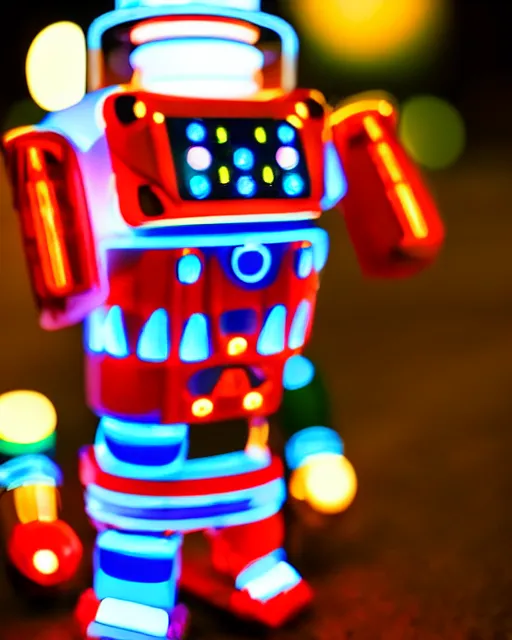 Image similar to high quality presentation night photo of an illuminated glowing retro toy robot, photography 4k, f1.8 anamorphic, bokeh, 4k, Canon, Nikon