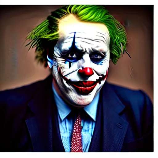 Prompt: uhd photorealisitc candid photo of boris johnson as the joker. correct makeup. correct face, accurate face. photo by annie leibowitz and steve mccurry