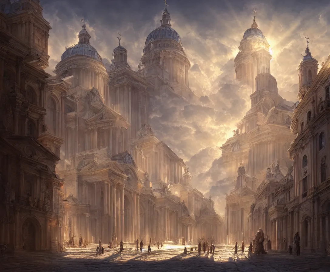 Prompt: highly detailed concept art of authoritarian pearly white medieval city, roman architecture with religious iconography, sunbeams, digital painting, fantasy, d & d, beautiful, illustration