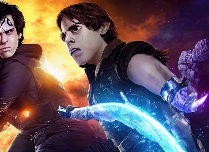 Prompt: nico di angelo vs thanos, epic fight, powerful, screenshot from infinity war, mcu, action shot, dynamic, magic, intense battle, death powers, infinity stones vs skeletons