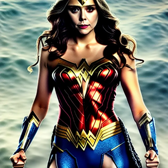 Image similar to professional full body photograph of elizabeth olsen as wonder woman. Extremely detailed. 8k