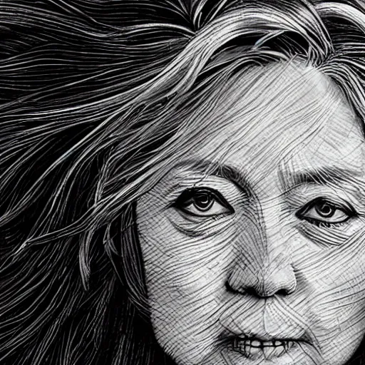 Image similar to Yoshitaka Amano realistic illustration of hillary clinton ,hair fluttering in the wind, cracks on her face wearing Elden ring armour with engraving, abstract black and white patterns on the background, noisy film grain effect, highly detailed, Renaissance oil painting, weird portrait angle, blurred lost edges, three quarter view