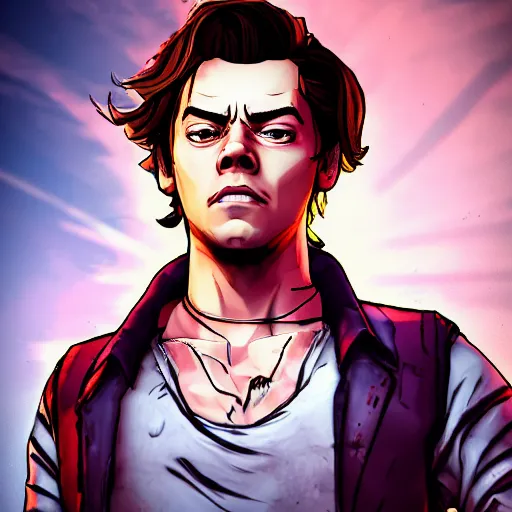 Image similar to harry styles portrait, borderlands, tales from the borderlands, the wolf among us, comic, cinematic lighting, studio quality, 8 k