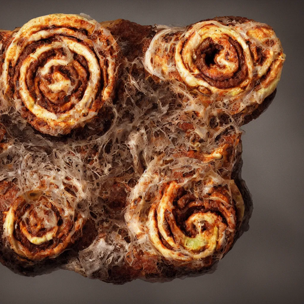 Image similar to a photo of a biomechanical rotten vegan doner with pizza taste and halapeno mayo, in the shape of a cinnamon roll in the style of hr giger, octane render, 8 k