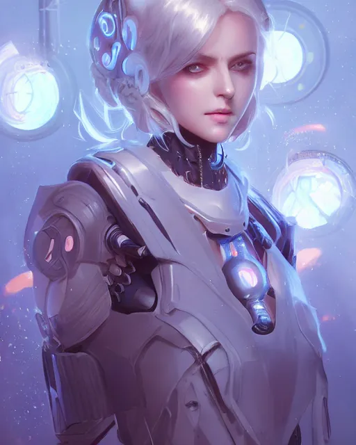 Image similar to holy cyborg necromancer girl, elegant, scifi, futuristic, utopia, garden, illustration, atmosphere, top lighting, blue eyes, white hair, focused, artstation, highly detailed, art by yuhong ding and chengwei pan and serafleur and ina wong