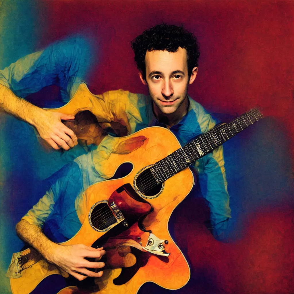 Prompt: award winning photo of julian lage playing jazz guitar, vivid colors, happy, symmetrical face, beautiful eyes, studio lighting, wide shot art by Sally Mann & Arnold Newman