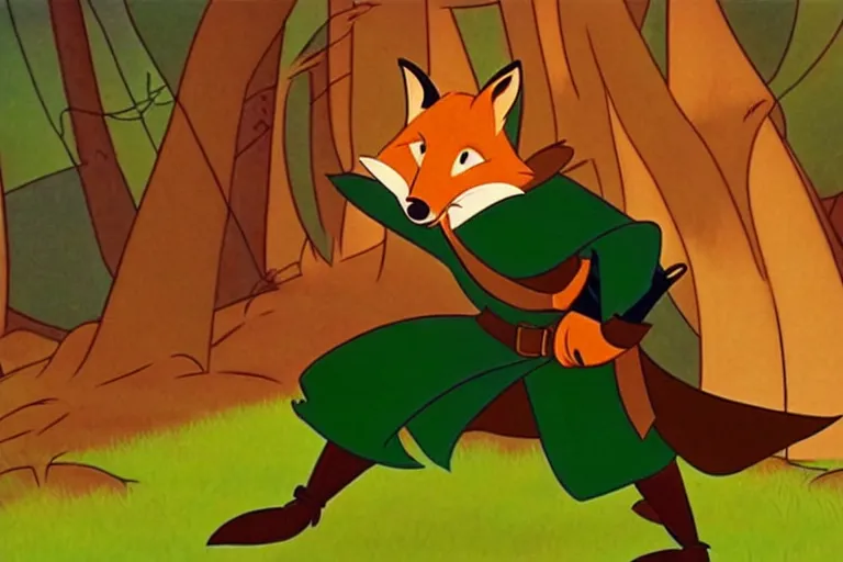 Prompt: film still vintage disney animation style of the main character fox in the classic disney film robin hood