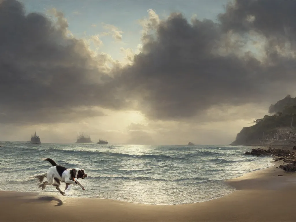 Image similar to springer spaniel running along a beach, quiet with a few boats in the background, peaceful, epic lighting, evening sunlight, cinematic, volumetric lighting digital art by greg rutkowski, roberto ferri, jeremy lipking, trending on art station, 8 k, highly detailed, hyper realistic, photorealistic