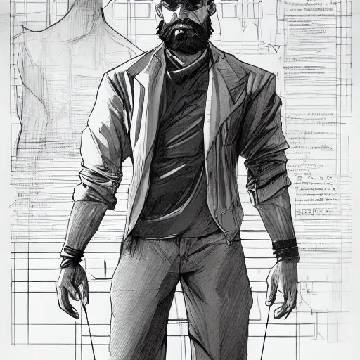 Image similar to character design sheet, concept art character, very high angle view, book cover, very attractive man with beard, walking in cyberpunk valley highly detailed full body, strong masculine features, sturdy body, command presence, royalty, smooth, sharp focus, organic, appealing, book cover, deep shadows, by Dave McKean sketch lineart for character design