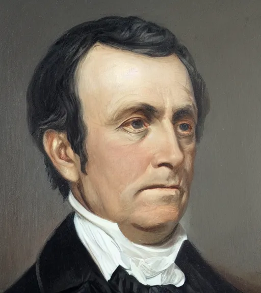 Prompt: official side portrait of united states president, a french plantation owner, in a black suit, 1 8 6 8, a character portrait by cassius marcellus coolidge, reddit contest winner, american romanticism, oil on canvas, detailed painting, creative commons attribution