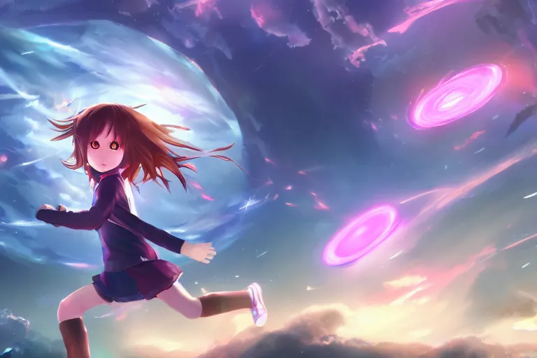 Image similar to anime young girl running towards a cosmic portal, official media, wlop, concept art, digital painting, trending on artstation, highly detailed, epic composition, 8 k uhd