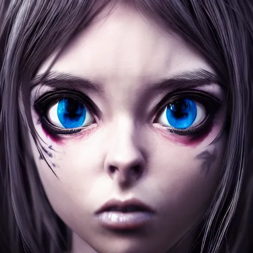 Image similar to photorealistic full shot portrait of angry darkness anime girl, inspired by tim burton, detailed, unreal engine 4 k, volumetric light, fog