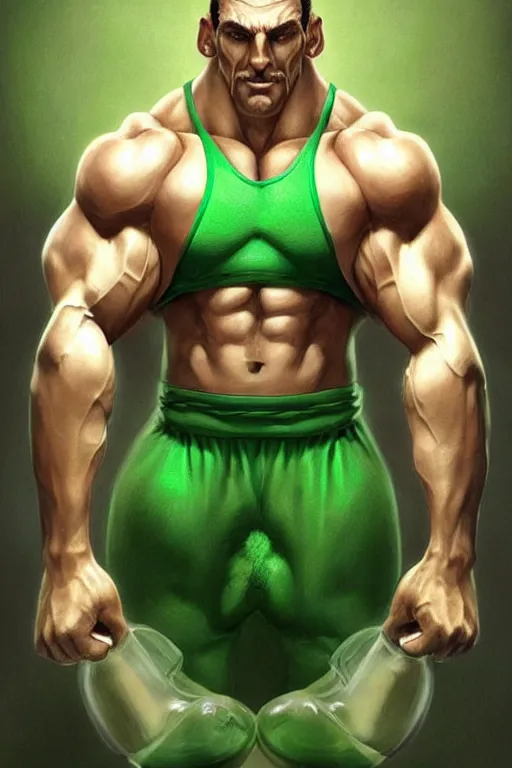 Image similar to muscular luigi wearing a green jumpsuit by ilya kuvshinov, bodybuilder ernest khalimov, super mario bros symmetrical face concept art, hyper realistic, intricate, elegent, highly detailed, digital painting, concept art, smooth, sharp, focus, illustration, art by artgerm and greg rutkowski and alphonse mucha, artstation