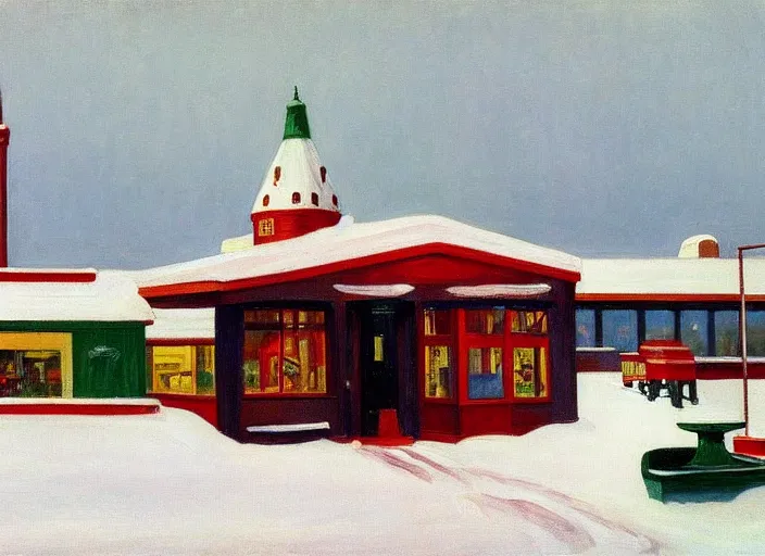 Image similar to a peaceful view of a finnish town in winter, snowfall, gas station cafe, painting by edward hopper