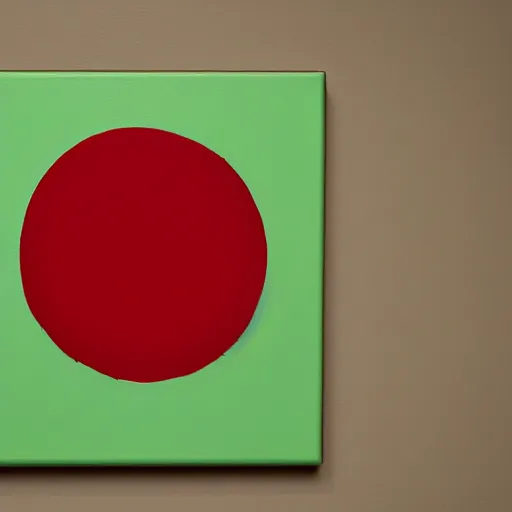 Image similar to a simple painting on canvas of a dark red circle over a light green line