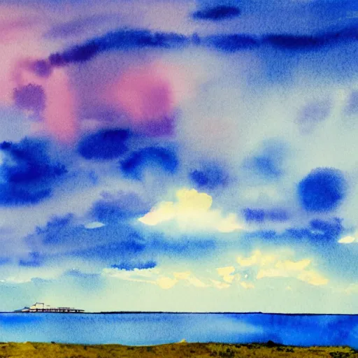 Prompt: Happy sky in Okinawa, watercolor, surreal, high quality, sharp focus, 8k, trending on Artstation, surreal