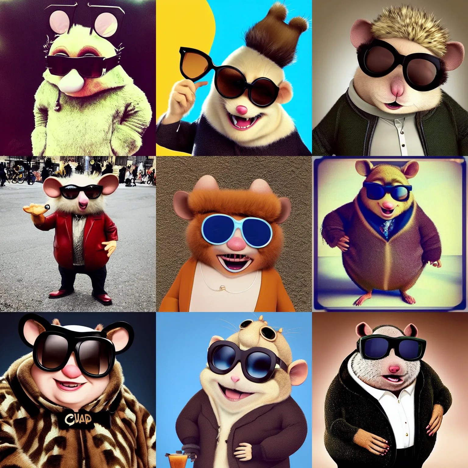 Prompt: “a slightly chubby anthropomorphic rat wearing an expensive fur coat and sunglasses, pixar”