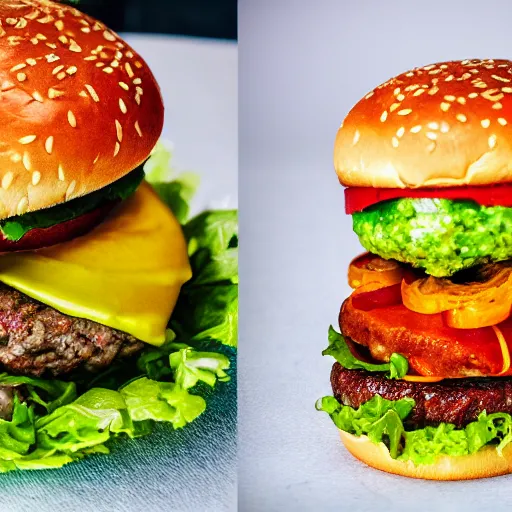 Image similar to a hamburger with too much avocado, 8 k resolution, amazing food photography