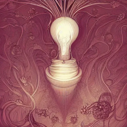 Image similar to the face of an incredibly beautiful, graceful, elegant, and well - endowed young woman dressed as a bulb of garlic, an ultrafine detailed illustration by james jean, intricate linework, bright colors, final fantasy, behance contest winner, vanitas, angular, altermodern, unreal engine 5 highly rendered, global illumination, radiant light, detailed and intricate environment