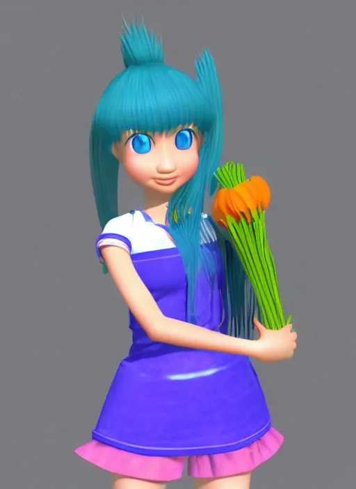 Prompt: 1992 japanese 3D render of a blue haired girl holding a leek. simple background